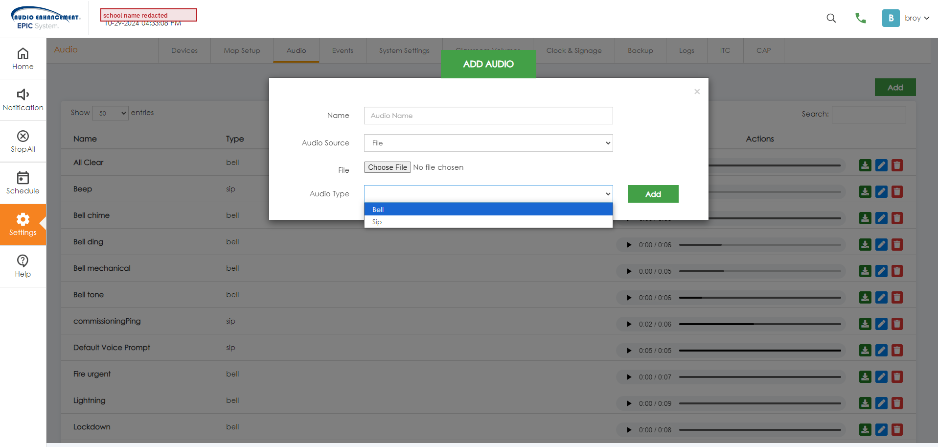 Settings › Audio › Add. Set Audio Source to File and Audio Type to Sip.