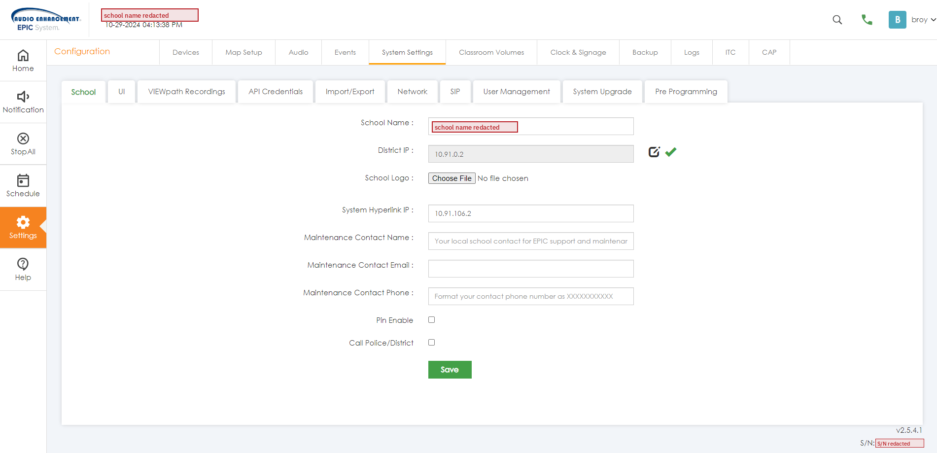 Settings › System Settings. The version and S/N are at the bottom right of the page (EPIC 2.5.4; school name and S/N redacted).
