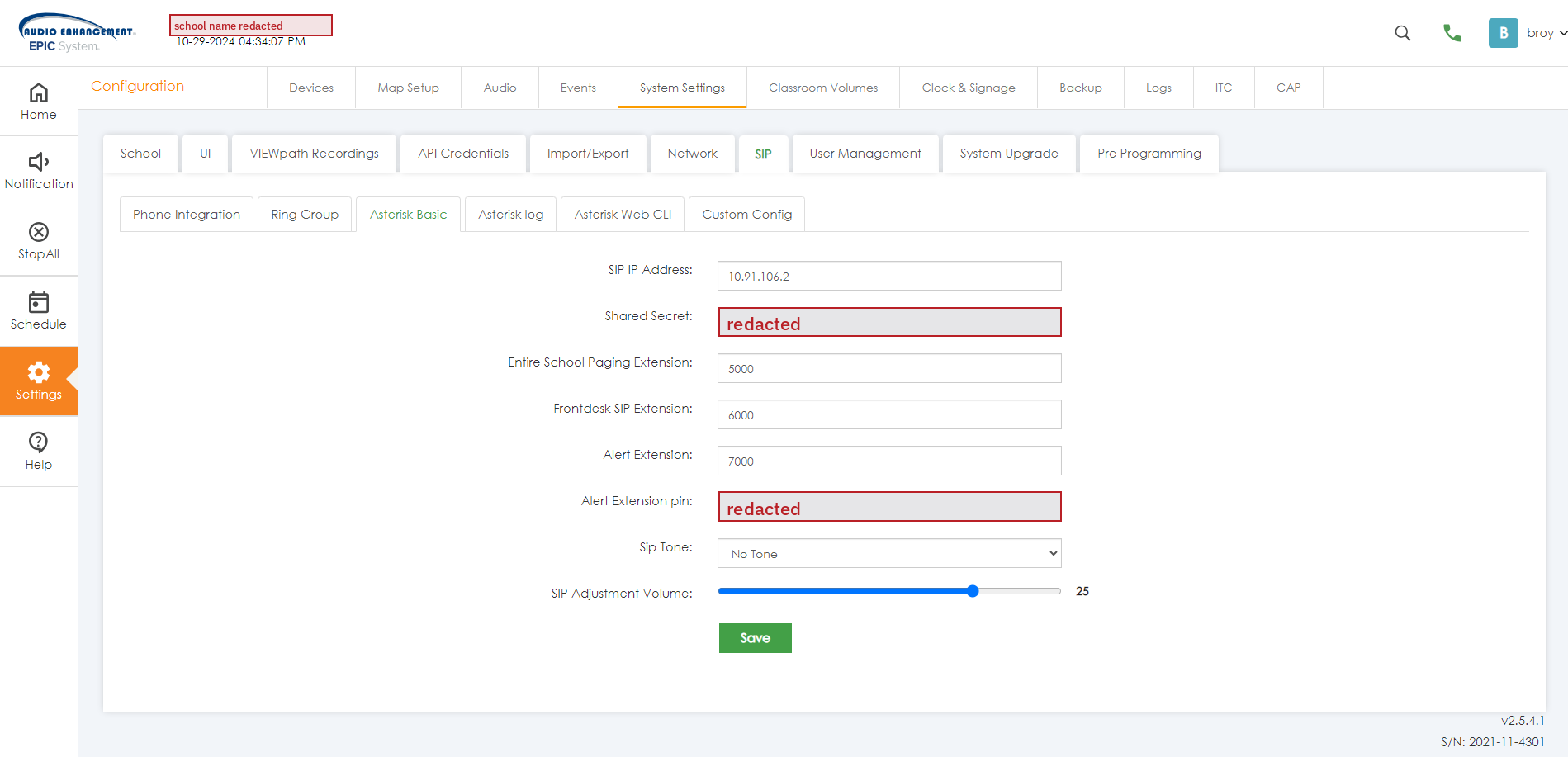 System Settings › SIP › Asterisk Basic, with the SIP Tone drop-down. Site-specific secrets are redacted.