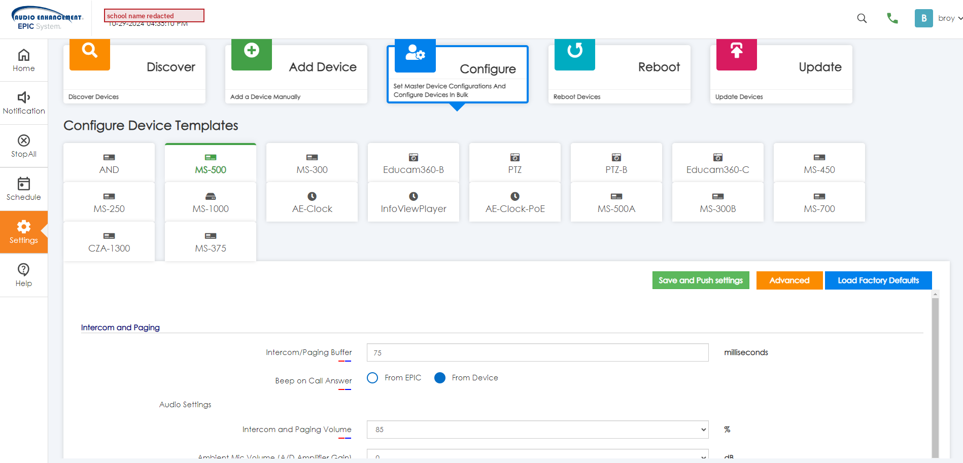 Settings › Configure. Pick the device template, then set Beep on Call Answer.