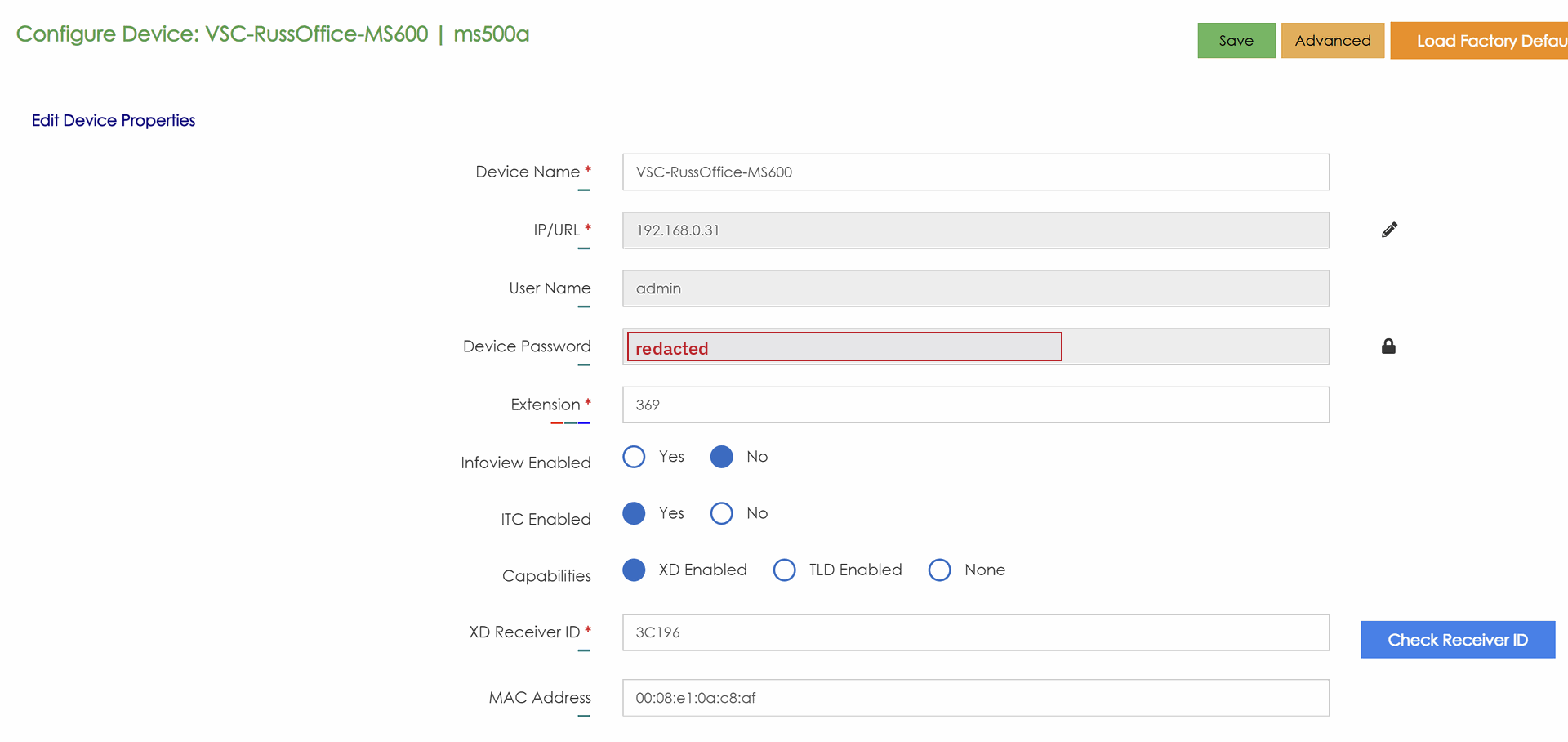 Configure Device screen. The Device Password field is redacted here. The lock icon next to it changes the password.