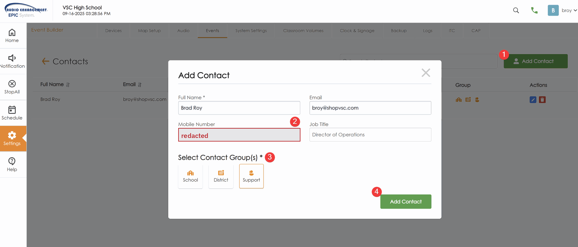 Events › Contacts › Add Contact. Pick the group(s) and click Add Contact. The mobile number is redacted.