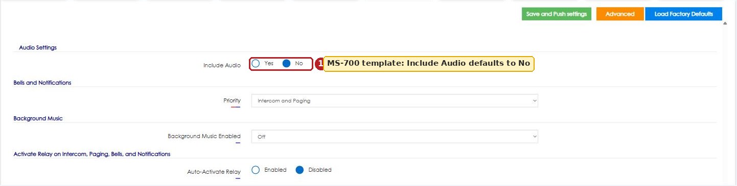 MS-700 template with Include Audio set to No: no volume sliders are shown.
