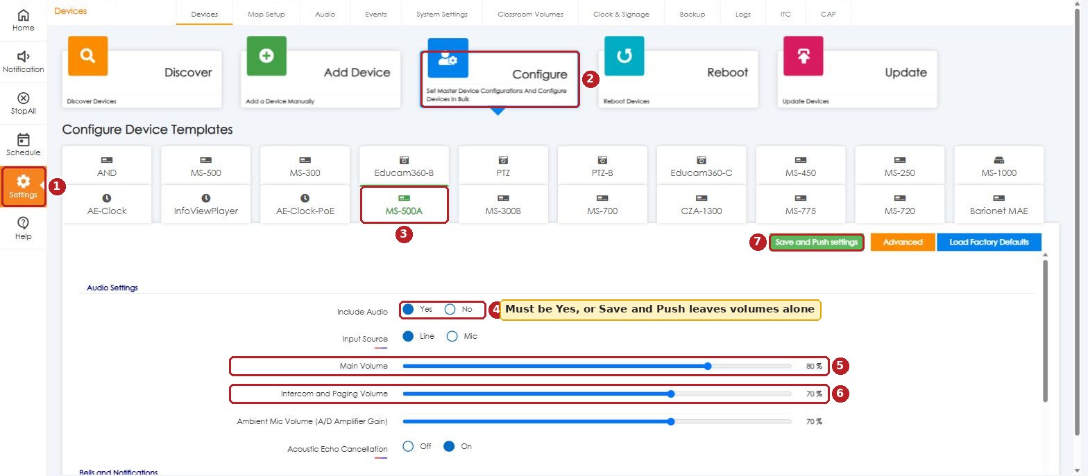 EPIC 3.2.5: Settings (1) › Configure (2) › device tab (3). Include Audio Yes (4), Main Volume (5), Intercom and Paging Volume (6), then Save and Push settings (7). Values shown weren't saved.