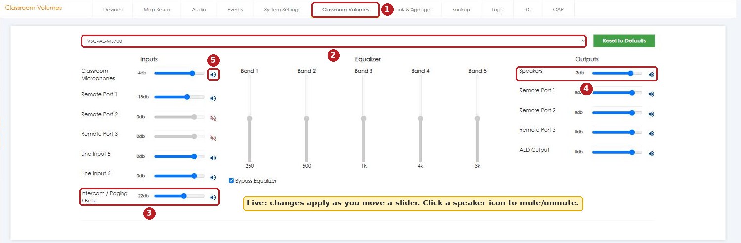 Classroom Volumes on an MS-700: tab (1), device (2), Intercom / Paging / Bells input (3), Speakers output (4), mute icon (5).
